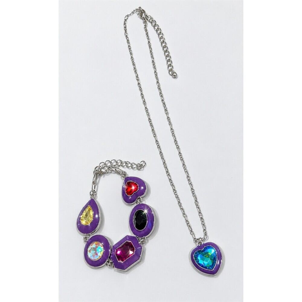 2 piece Jewelry Set Necklace Bracelet Purple Enamel Sparkly Stones adjustable